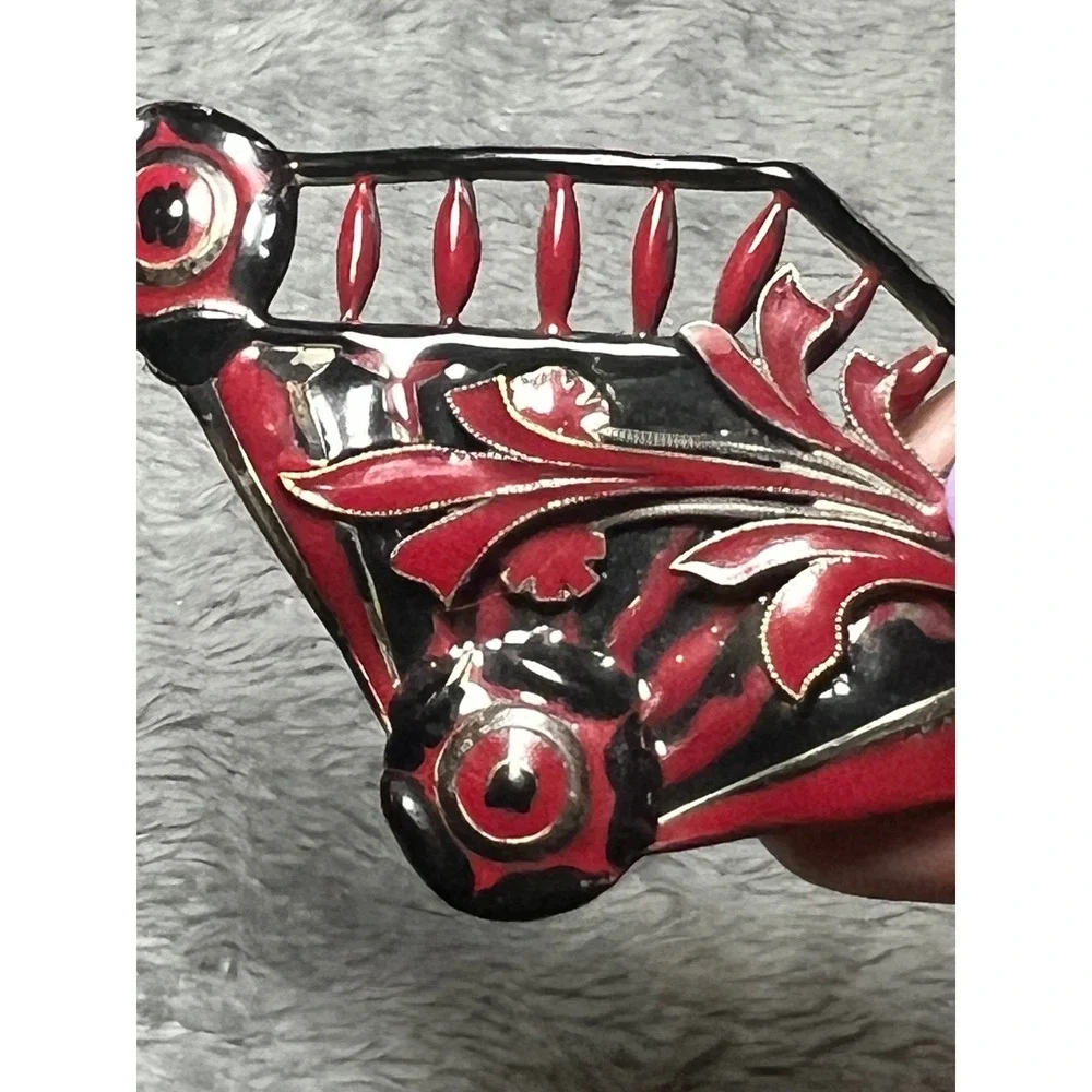 Vintage Red Black Enamel Floral Brooch Pin Art Deco Style Statement 3.5in